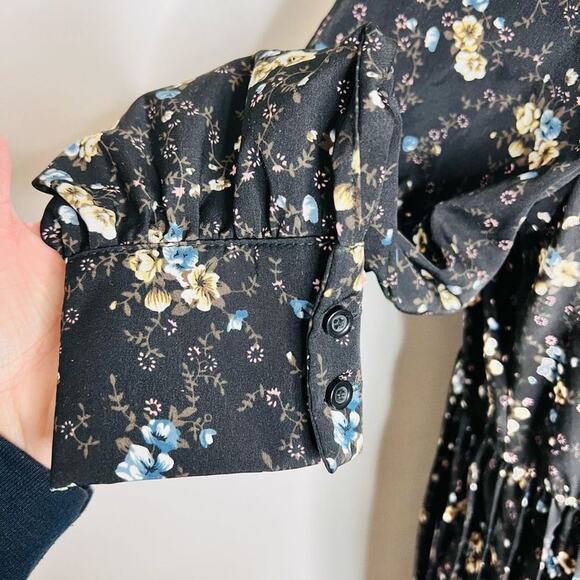 Pleated Midi Dress MED-LARGE Black Floral Cottagecore Half Button Bishop Sleeve - Picture 6 of 7